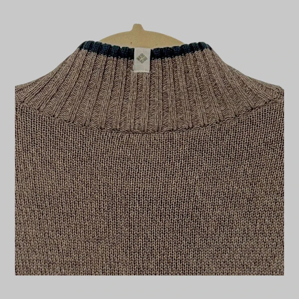 Columbia Mens Full Zip Knit Cardigan Sweater XL Beige Tan Cotton Heavyweight EUC